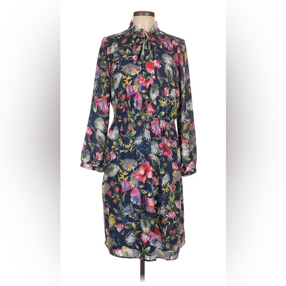 J. Crew Dresses & Skirts - J. Crew Long Sleeve Floral Dress Tie Neck, Midi - Navy and Pink